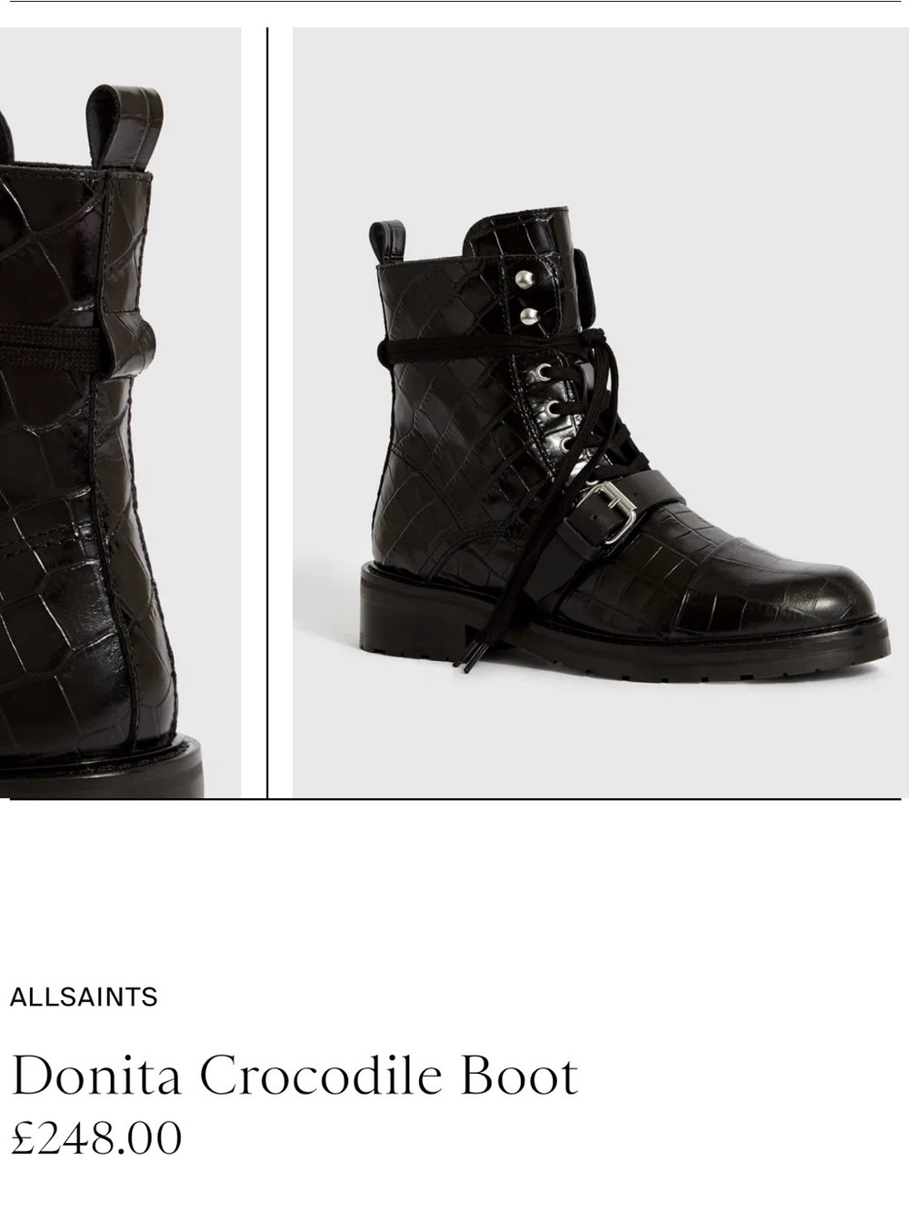AllSaints Black Croc-Embossed Lace-Up Ankle Boot